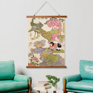 Japanese 1819 The Peacock Flower Dog Lion Pattern Hanging Tapestry