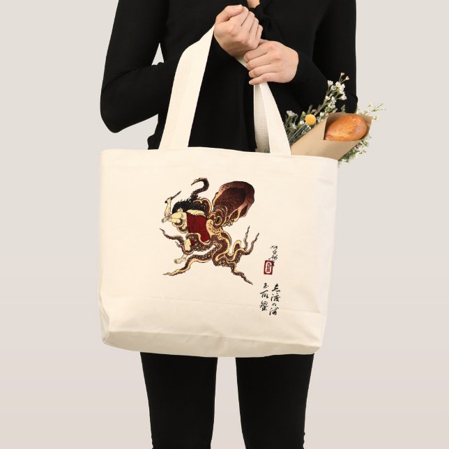 Japanese Abolone Diver and Octopus Fighting Large Tote Bag (Front (Product))