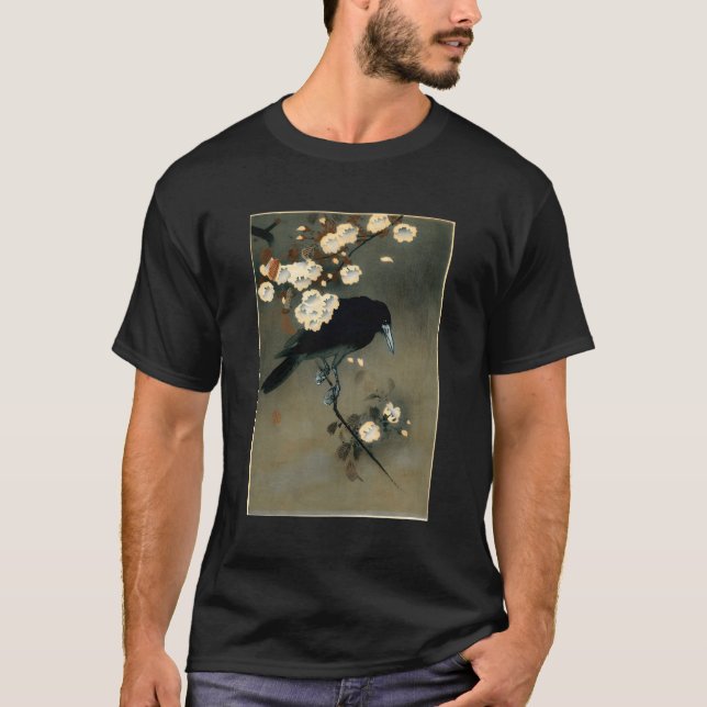 Japanese Aesthetic Crow Cherry Blossom Woodblock A T-Shirt (Front)