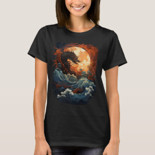 Japanese Aesthetic Dragon Waves Sunset Vintage Art T-Shirt