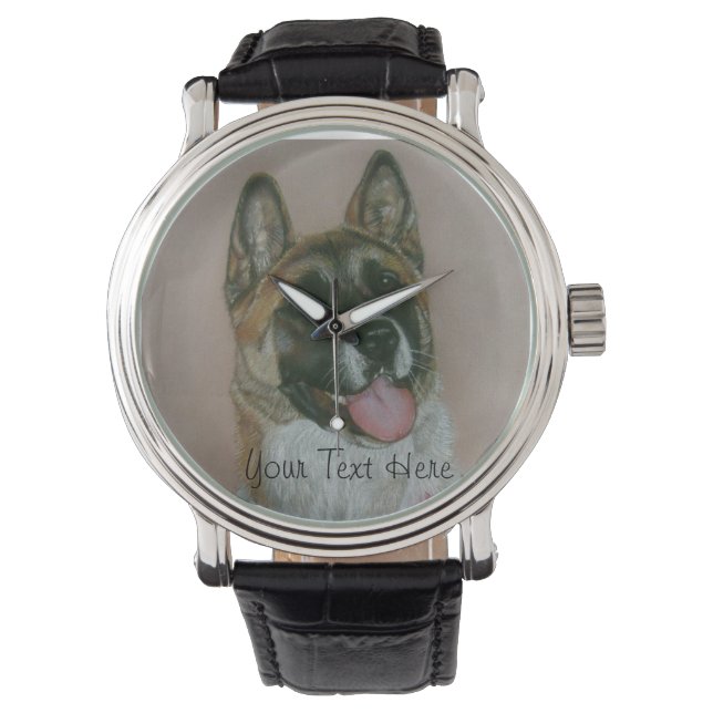 Japanese akita pinto and white dog portrait watch (Front)