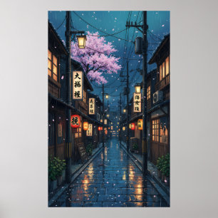 Japanese Alley Rain Night Cozy Anime Blossom urban Poster
