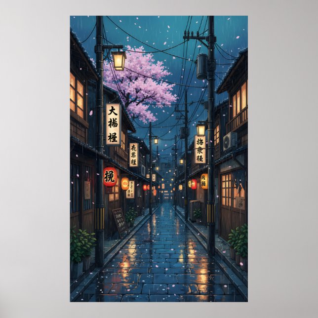 Japanese Alley Rain Night Cozy Anime Blossom urban Poster (Front)