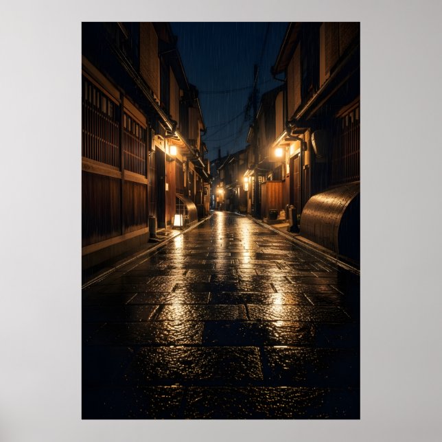 Japanese Alley Rain Night Photography Kyoto Street Poster (Front)