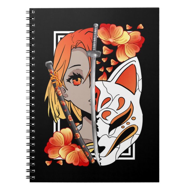 Japanese Anime Girl Mask Samurai Sword Flowers Notebook (Front)