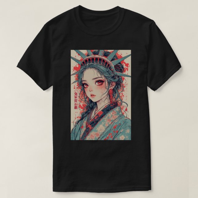 Japanese Anime Lady Liberty Anime Girl Fantasy Art T-Shirt (Design Front)