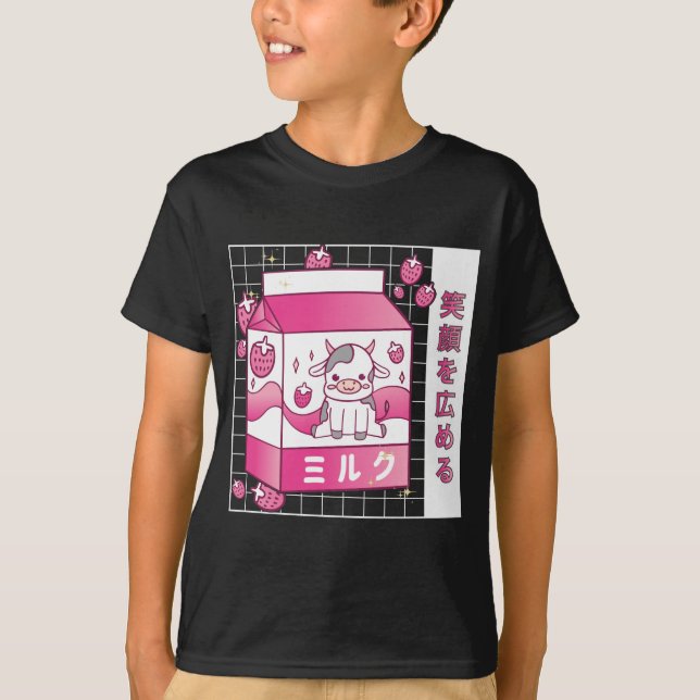 Japanese Anime Strawberry Milk Carton Cute Cow T-Shirt (Front)