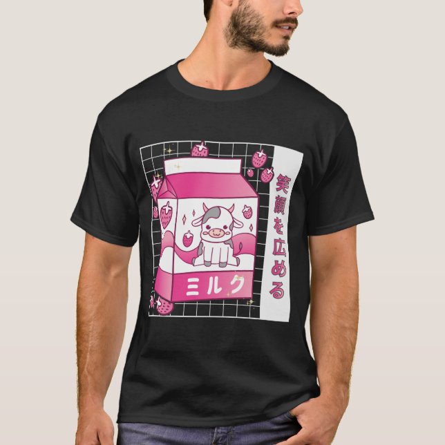 Japanese Anime Strawberry Milk Carton Cute Cow T-Shirt (Front)