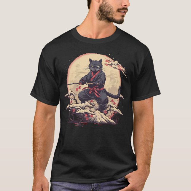 Japanese Art Cat Ninja Ukiyo-e Anime Samurai Cat S T-Shirt (Front)