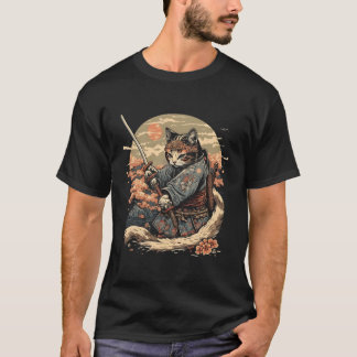 Japanese Art Cat Ninja Ukiyo-E Anime Style Samurai T-Shirt