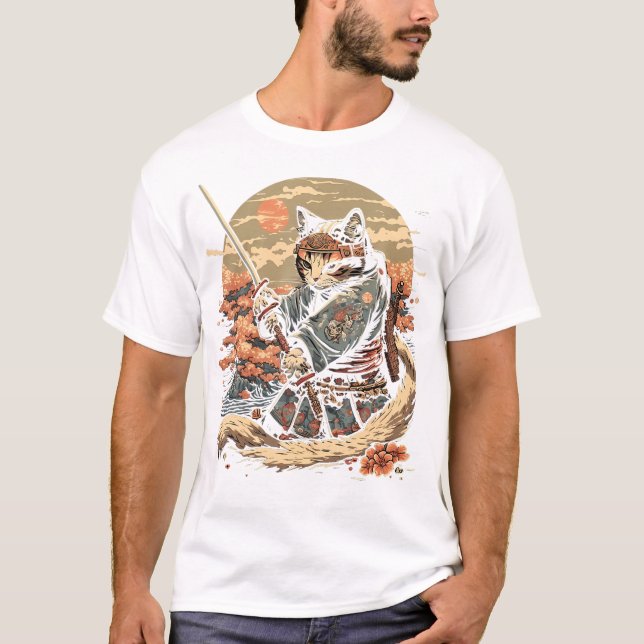 Japanese Art Cat Ninja Ukiyo-E Anime Style Samurai T-Shirt (Front)