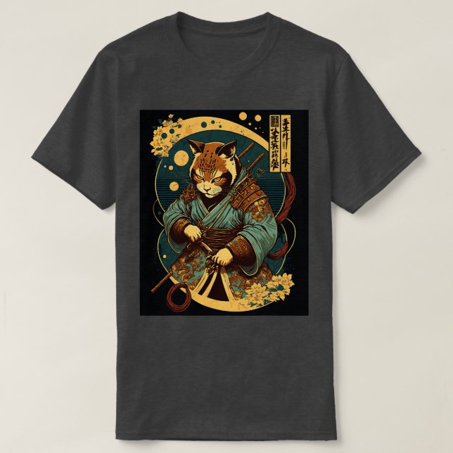 Japanese Art Cat Ninja Ukiyoe Samurai Cat  T-Shirt (Design Front)