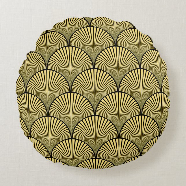 Japanese Art Deco: Black Gold Design Round Cushion (Front)