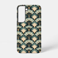 Japanese Art Deco Fan Print Beige Black & Teal
