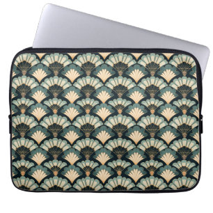 Japanese Art Deco Fan Print In Teal & Beige Laptop Sleeve
