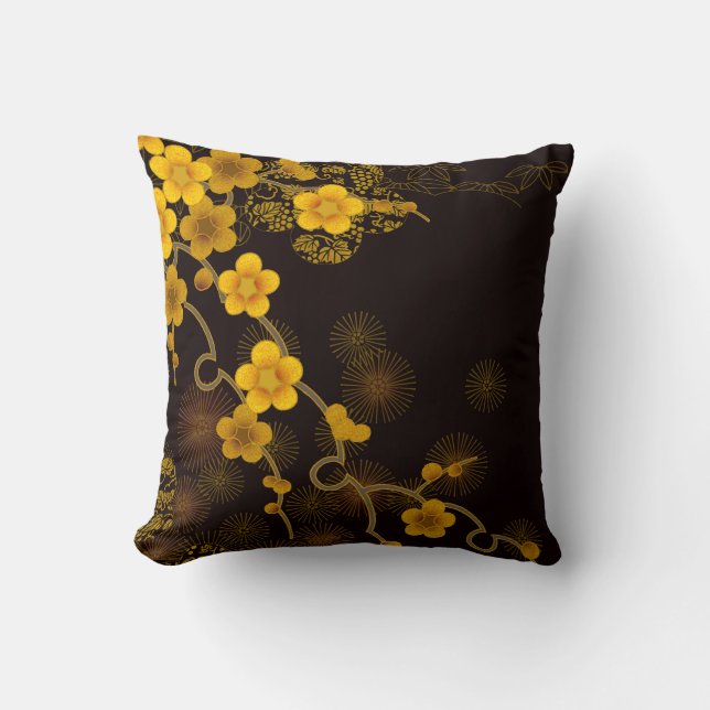 Japanese Art Golden Yellow & Deep Brown Floral Cushion (Front)