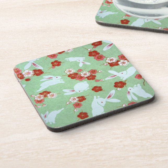 Japanese Art: Green Sakuras and Rabbits Coaster (Left Side)