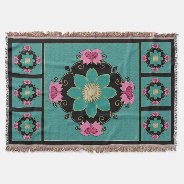 Japanese Art Nouveau Rosette Throw Blanket (Front)