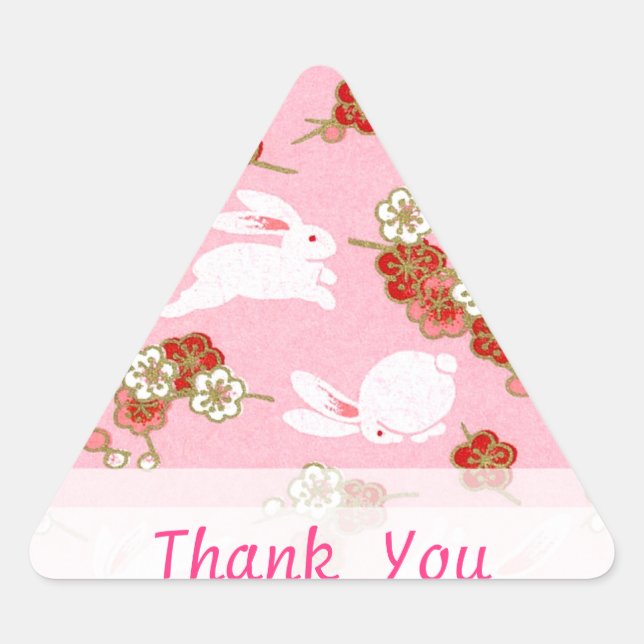 Japanese Art: Pink Sakura and Rabbits Thank you Triangle Sticker (Front)