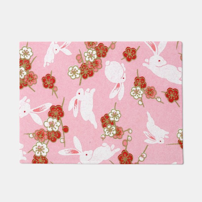 Japanese Art: Pink Sakura & Rabbits Doormat (Front)