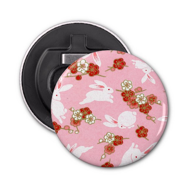 Japanese Art: Pink Sakuras & Rabbits Bottle Opener (Front)