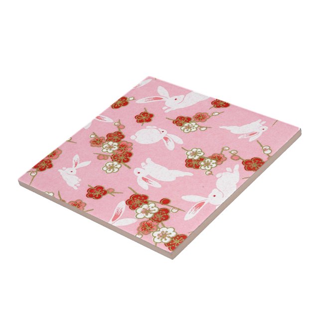 Japanese Art: Pink Sakuras & Rabbits Ceramic Tile (Side)