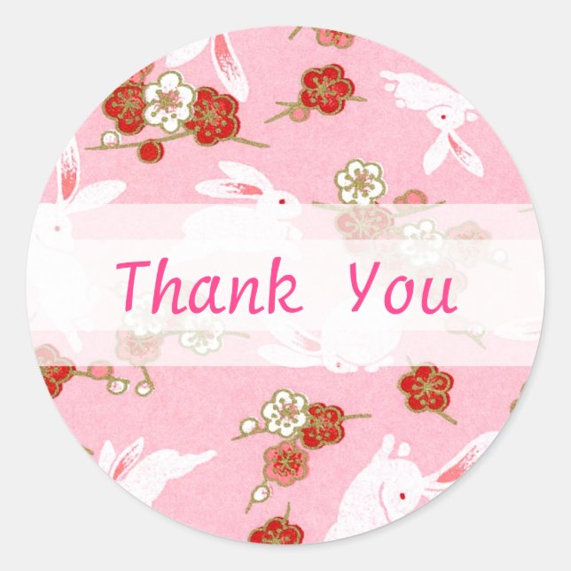 Japanese Art: Pink Sakuras & Rabbits Classic Round Sticker (Front)