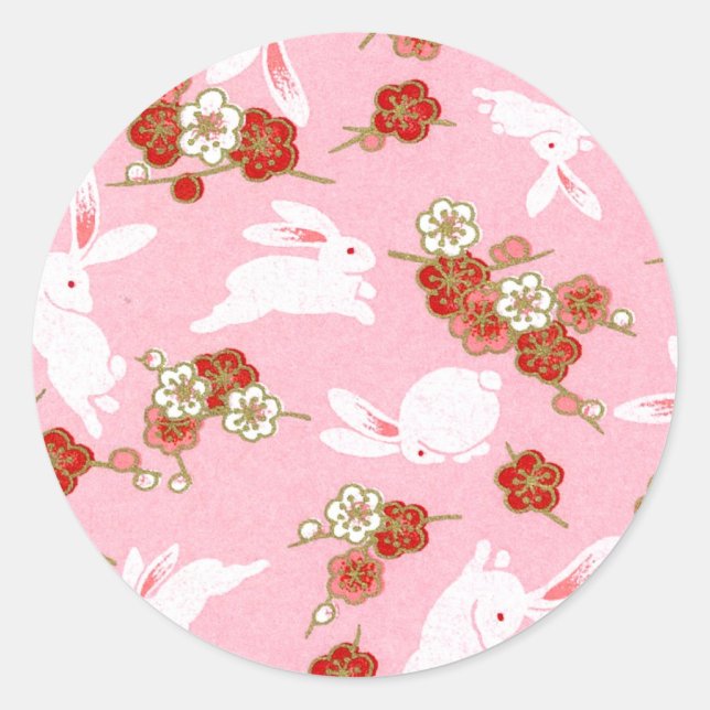 Japanese Art: Pink Sakuras & Rabbits Classic Round Sticker (Front)