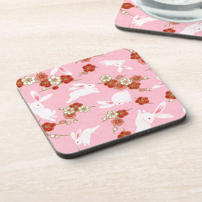 Japanese Art: Pink Sakuras & Rabbits Coaster (Left Side)