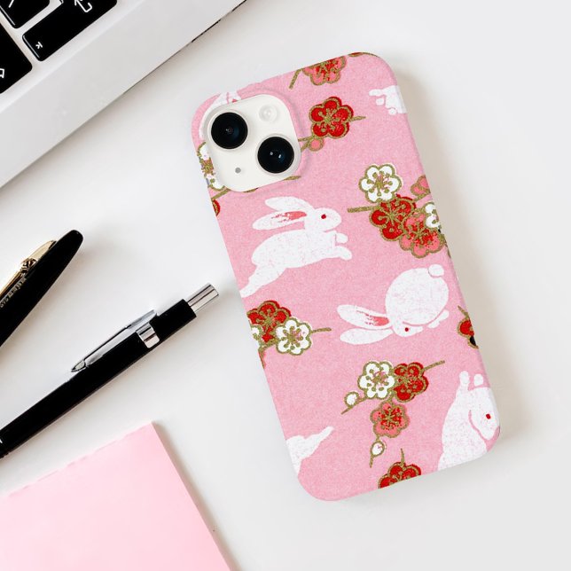 Japanese Art Pink Sakuras & Rabbits iPhone 14 Case (Creator Uploaded)