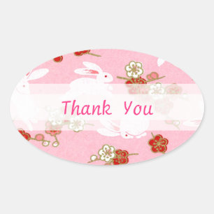 Japanese Art: Pink Sakuras & Rabbits Oval Sticker