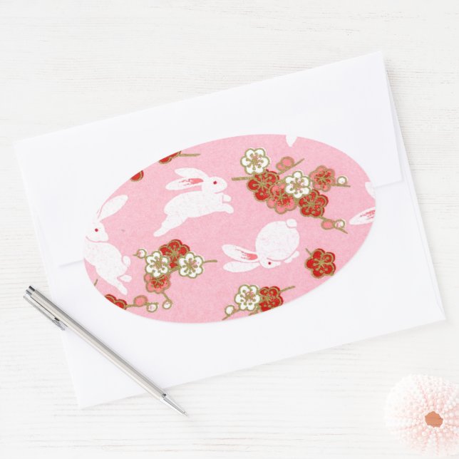 Japanese Art: Pink Sakuras & Rabbits Oval Stickers (Envelope)
