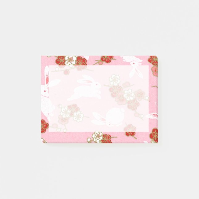 Japanese Art: Pink Sakuras & Rabbits Post-it Notes (Front)