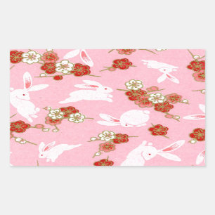 Japanese Art: Pink Sakuras & Rabbits Rectangular Sticker