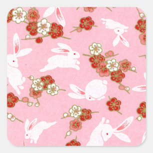 Japanese Art: Pink Sakuras & Rabbits Square Sticker