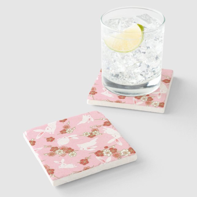 Japanese Art: Pink Sakuras & Rabbits Stone Coaster (Side)