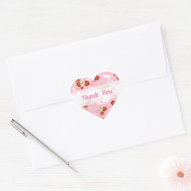 Japanese Art: Pink Sakuras & Rabbits Thank You Heart Sticker (Envelope)