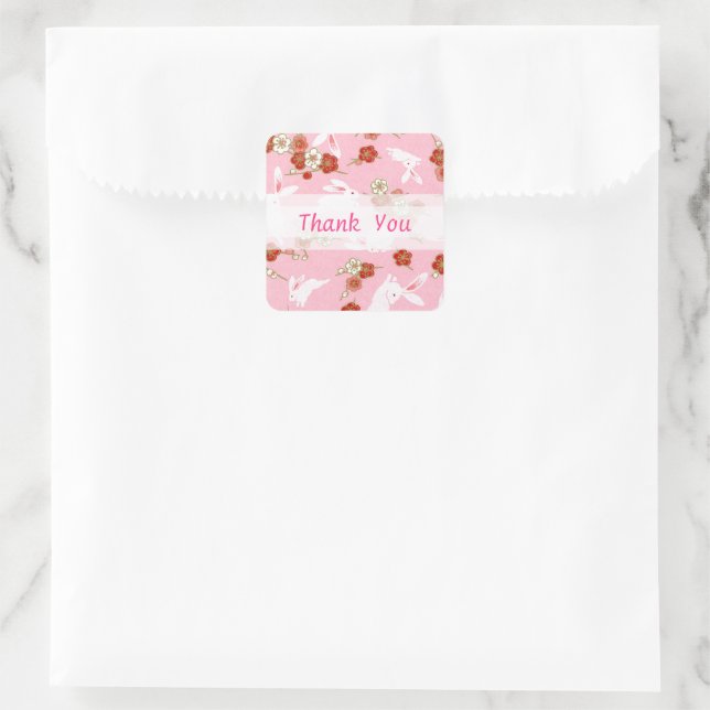 Japanese Art: Pink Sakuras & Rabbits Thank you Square Sticker (Bag)