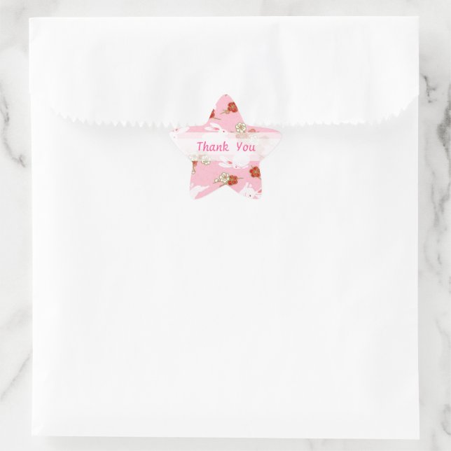 Japanese Art: Pink Sakuras & Rabbits Thank You Star Sticker (Bag)