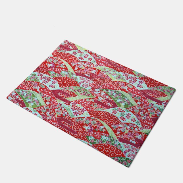 Japanese Art Red Floral Origami Yuzen Door Mat (Angled)
