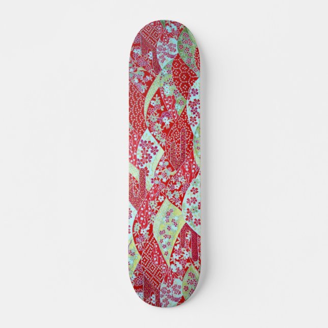 Japanese Art Red Floral Origami Yuzen Skateboard (Front)