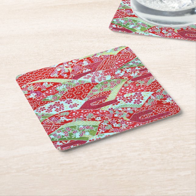 Japanese Art Red Floral Yuzen Chiyogami Coasters (Angled)