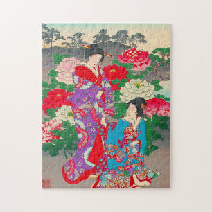 Japanese Art  - Two Women Talking In Rose Garden Jigsaw Puzzle