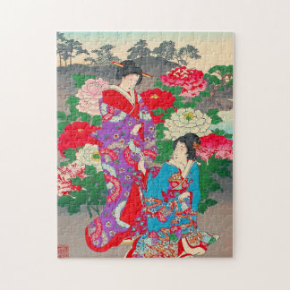 Japanese Art  - Two Women Talking In Rose Garden Jigsaw Puzzle