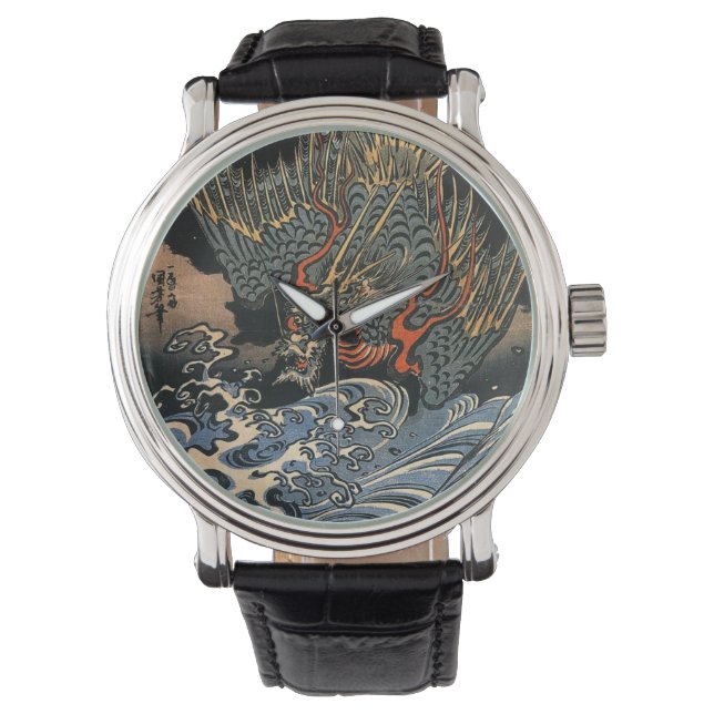Japanese Art Ukiyo-e Dragon Leather Watch (Front)