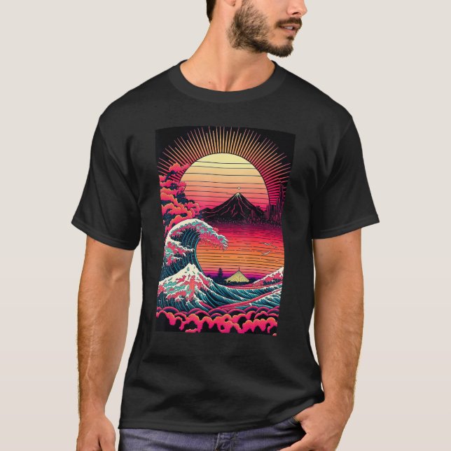 Japanese Art Ukiyo-e Style Retrowave Great Wave Of T-Shirt (Front)