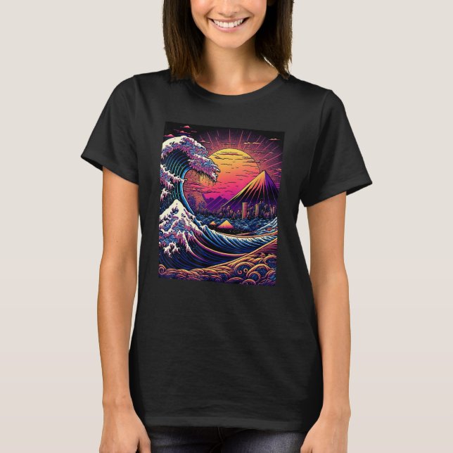 Japanese Art Ukiyo-e Style Retrowave Great Wave Of T-Shirt (Front)