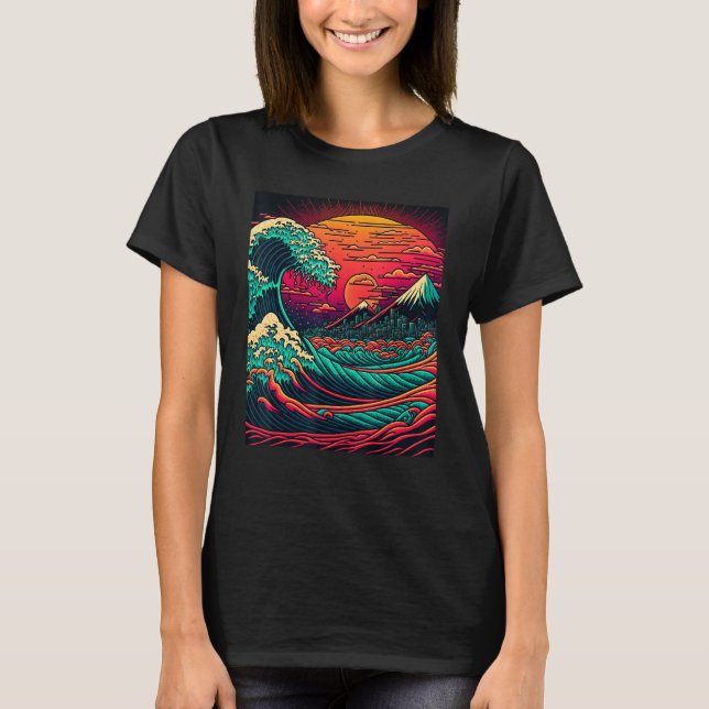 Japanese Art Ukiyo-e Style Retrowave Great Wave Of T-Shirt (Front)