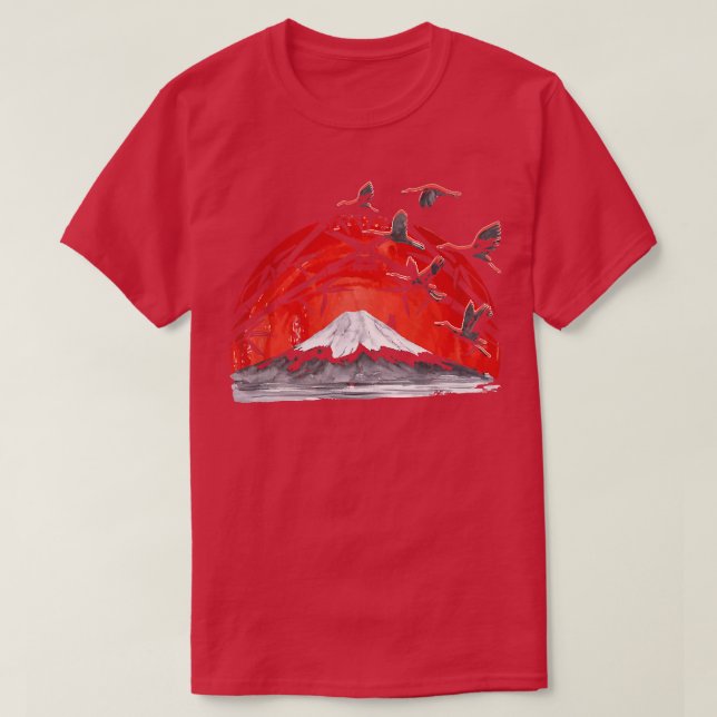 Japanese Art Volcano Stork Crane Japan Art Sakura  T-Shirt (Design Front)