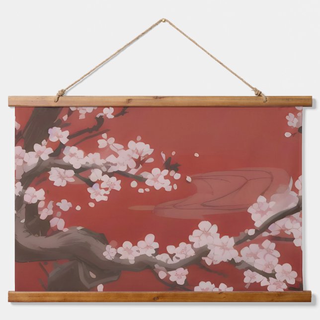  Japanese Artstyle White Cherry Blossom Red Hanging Tapestry (Front)